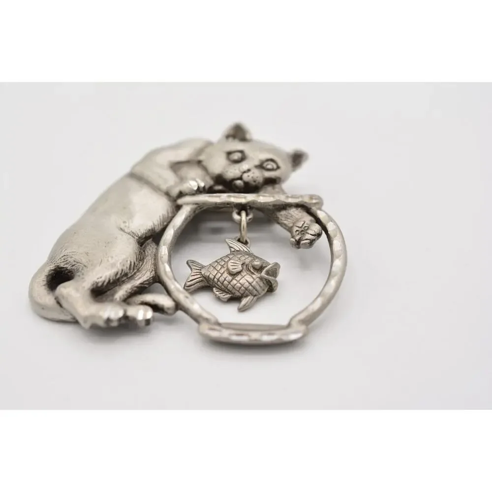 JJ Cat Pin Brooch Brushed Silver Pewter Fish Bowl Dangling Vintage Signed 80s 9B